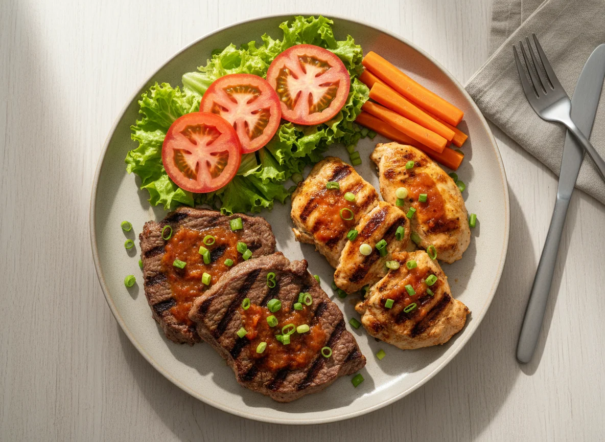 Prato de carne grelhada com salada e legumes photo