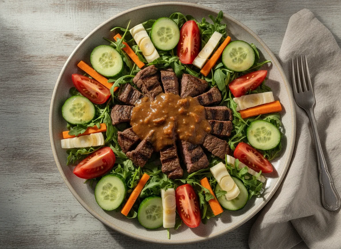 Prato de carne grelhada com salada mista photo