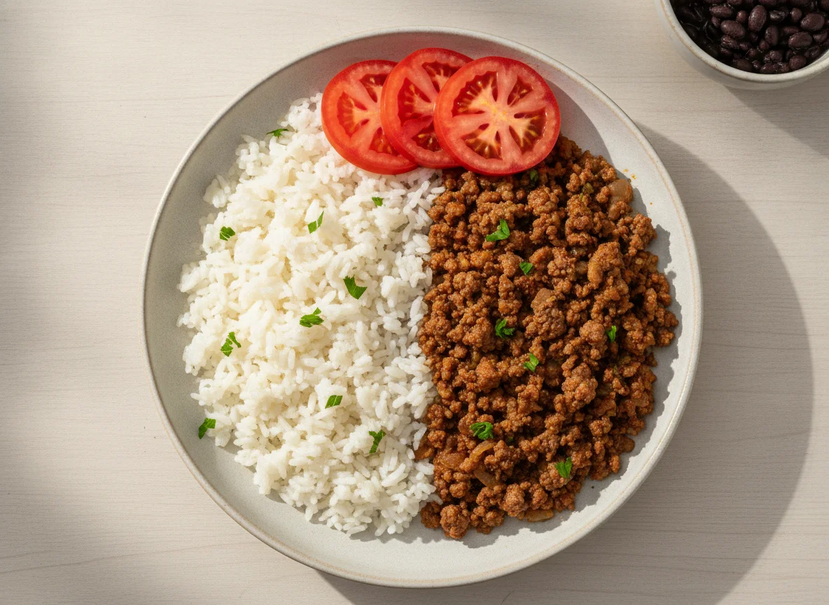 Prato de carne moída, arroz e tomate photo