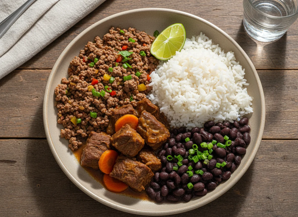 Prato de carne moída, carne cozida, arroz e feijão photo