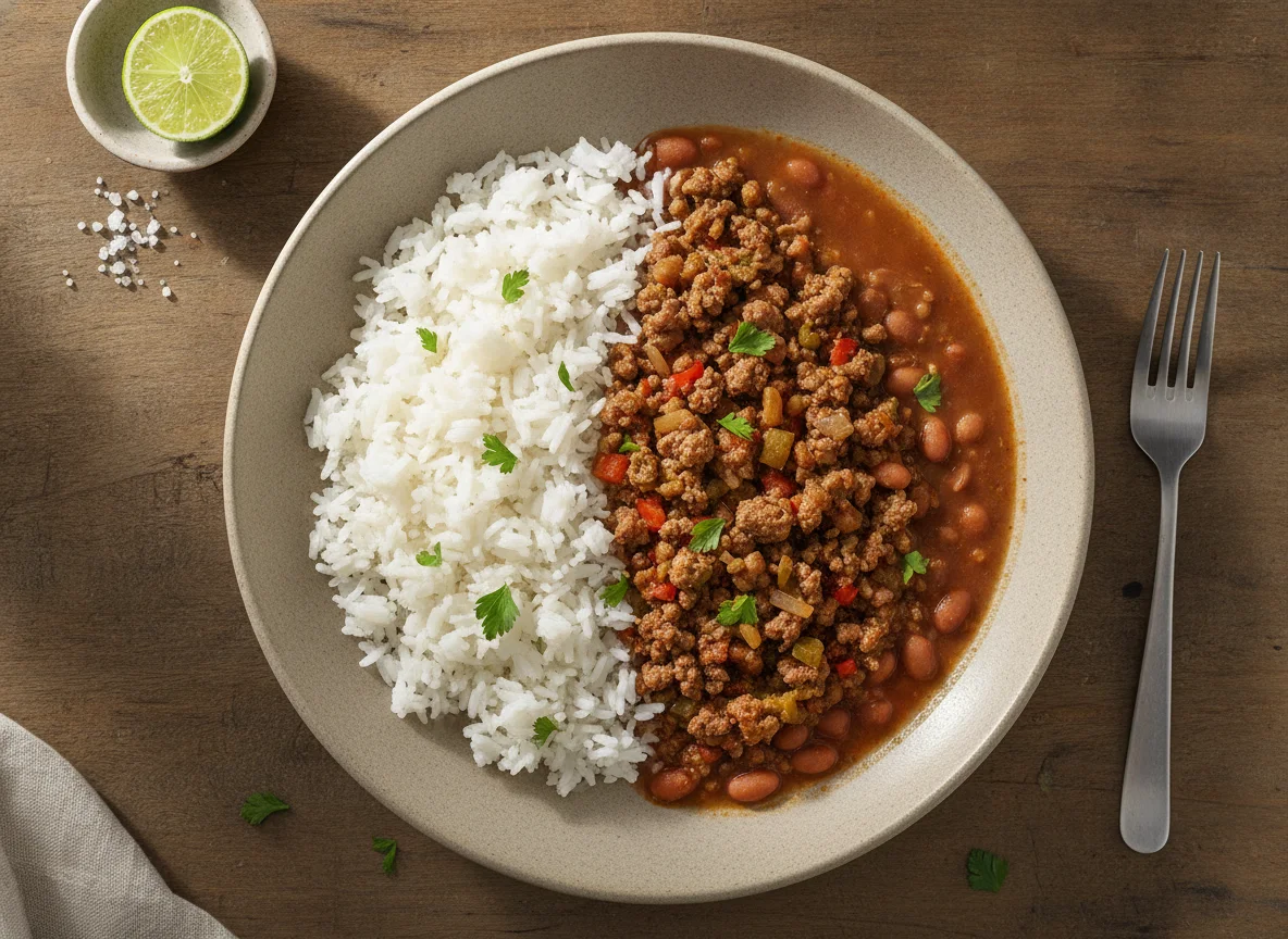 Prato de carne moída com arroz e feijão photo