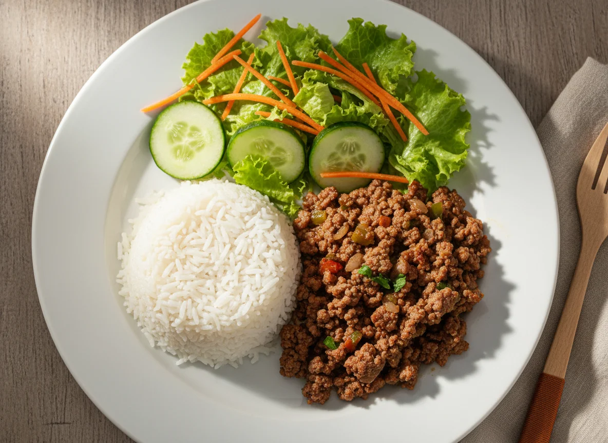 Prato de carne moída com arroz e salada photo