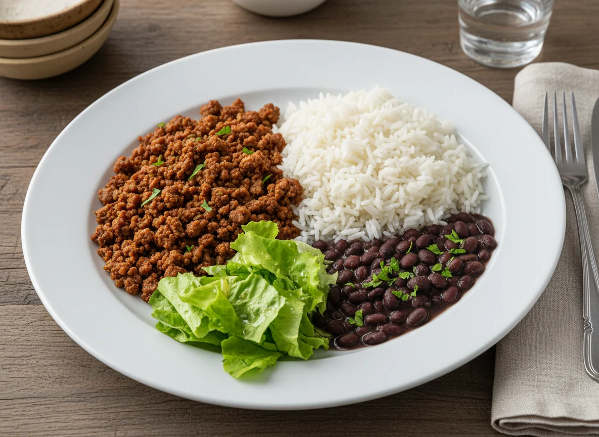 Prato de carne moída com arroz, feijão e alface photo