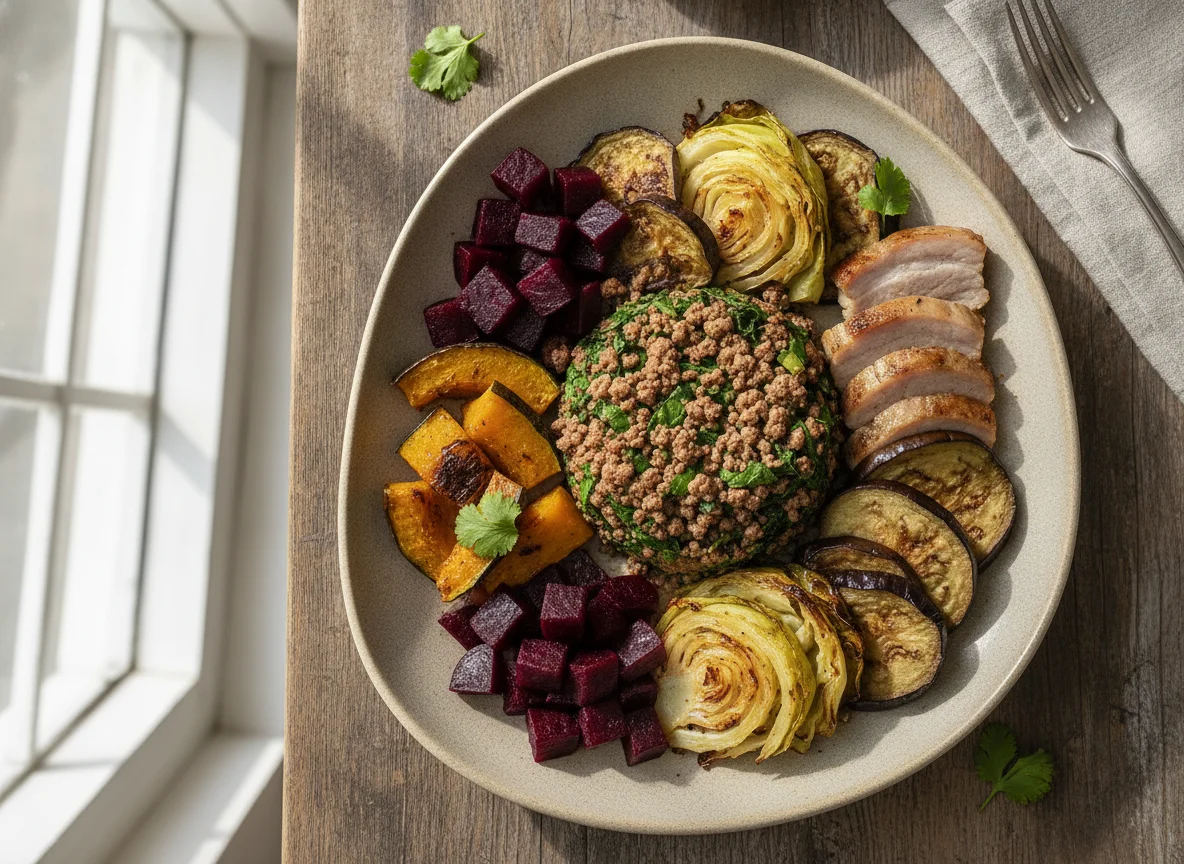 Prato de Carne Moída com Legumes Assados e Beterraba photo