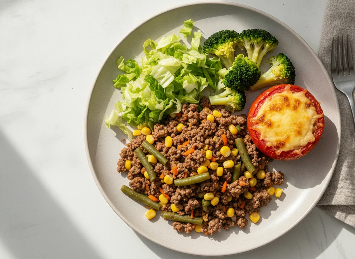 Prato de Carne Moída com Legumes e Salada photo