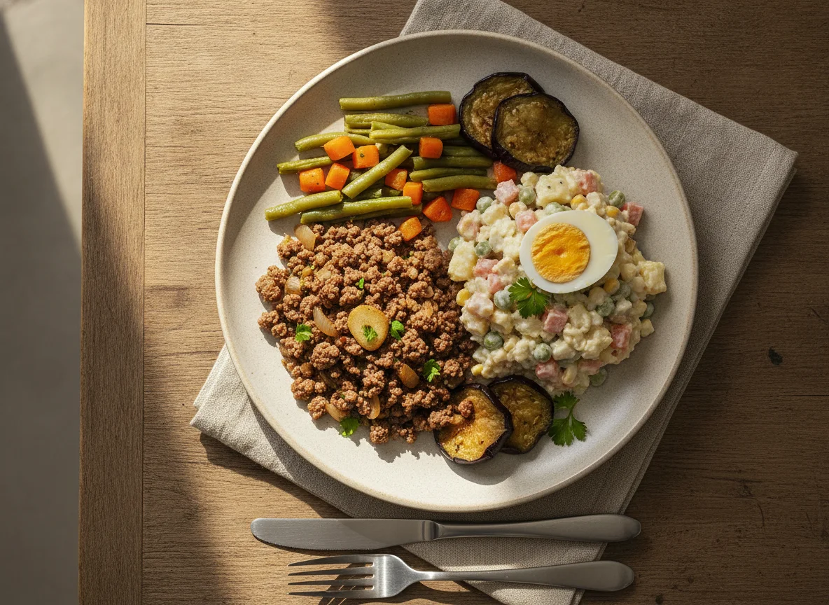Prato de carne moída com legumes e salada de maionese photo