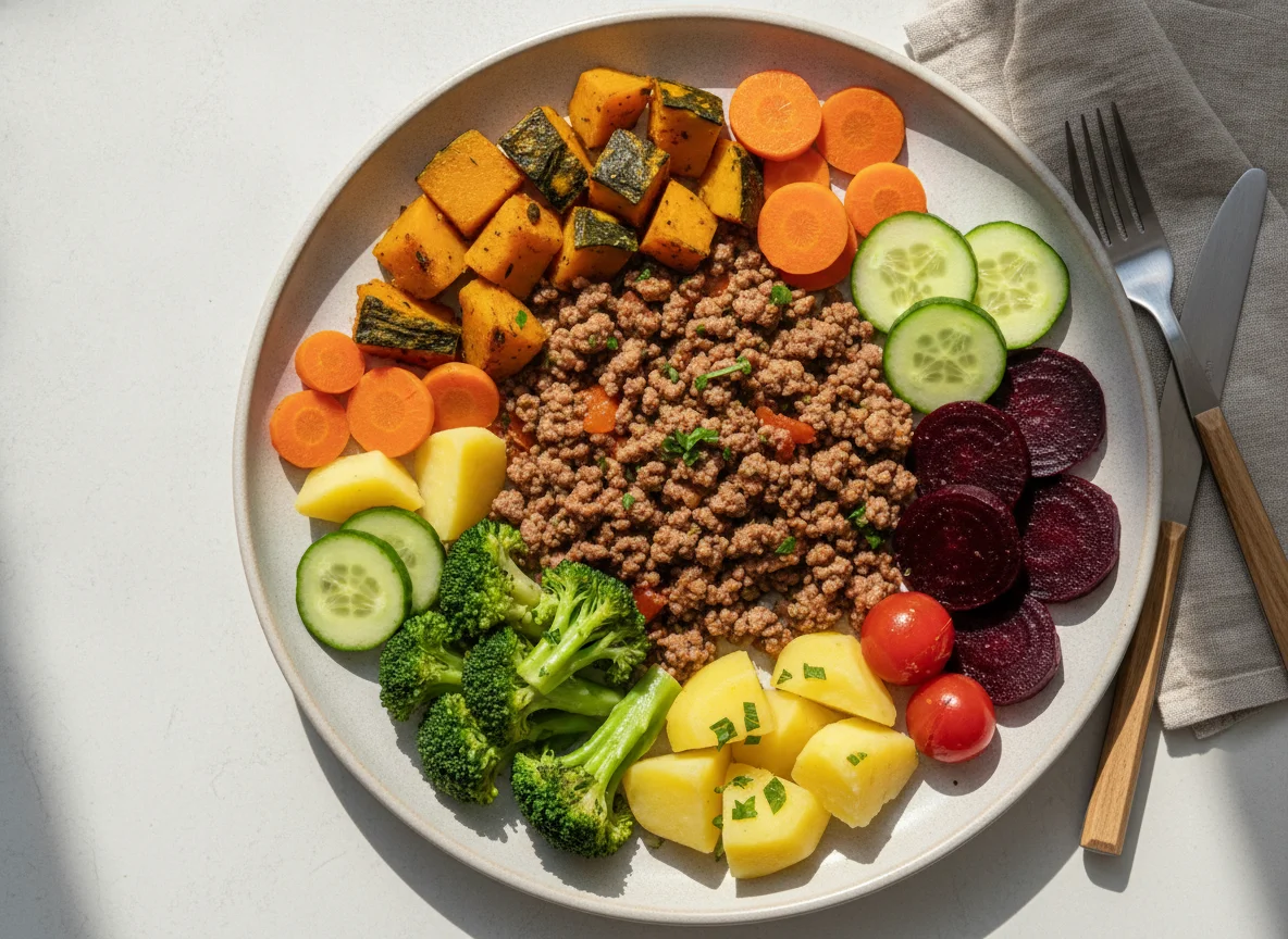 Prato de carne moída com legumes variados photo