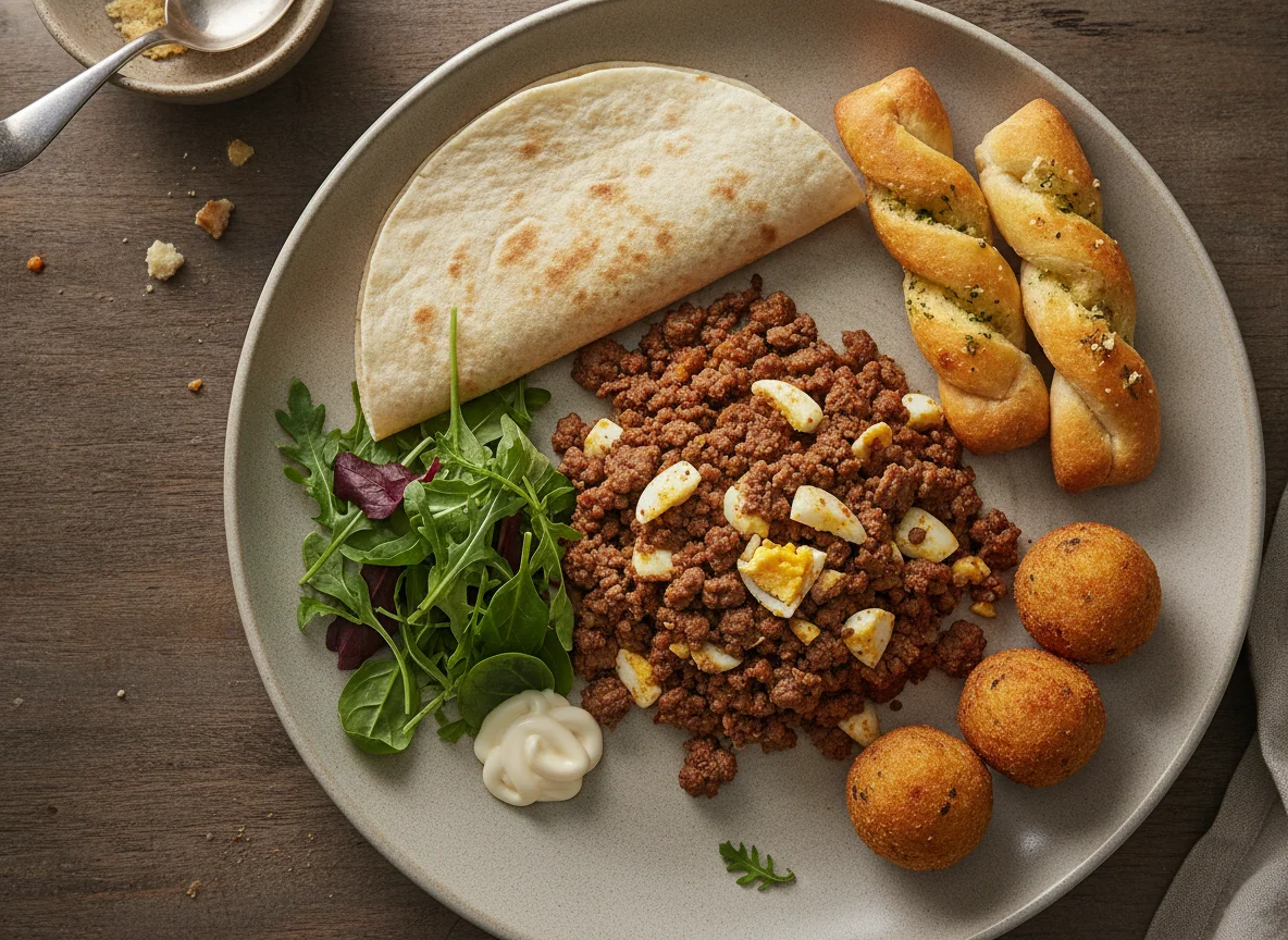 Prato de Carne Moída com Ovos e Tortilha photo
