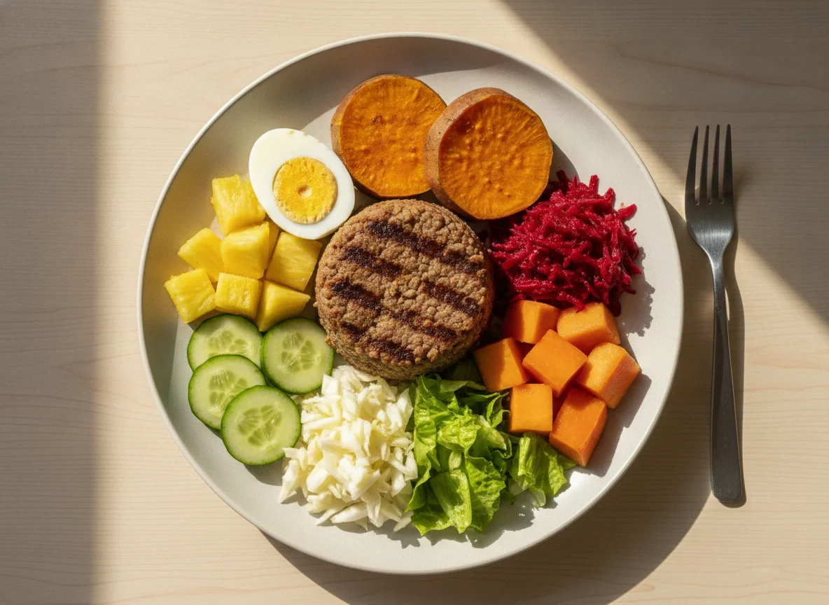 Prato de Carne Moída com Salada e Frutas photo