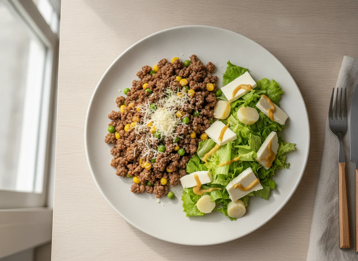 Prato de carne moída com salada e palmito photo