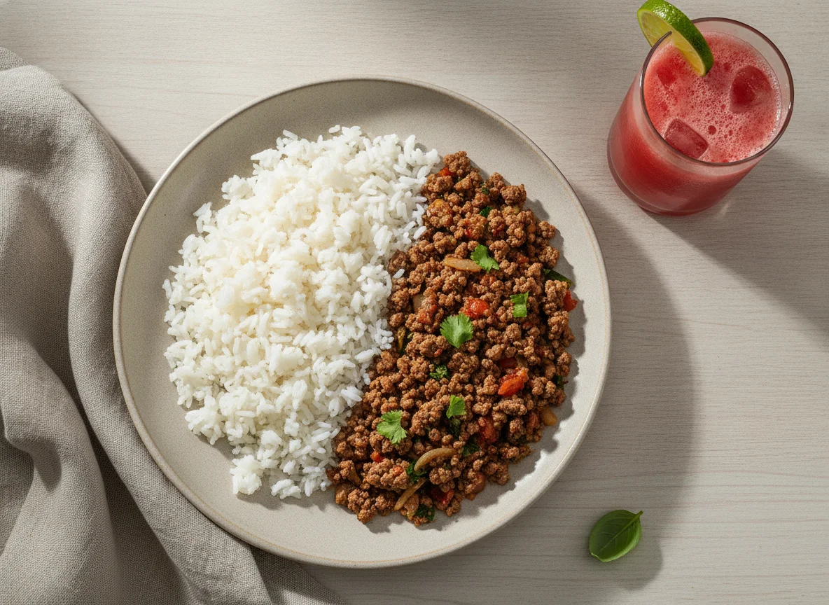 Prato de Carne Moída e Arroz com Suco photo
