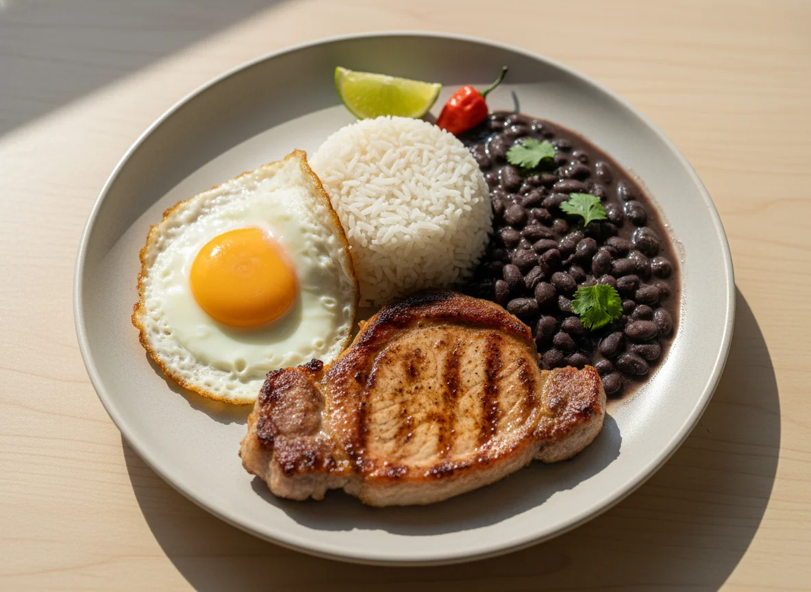 Prato de carne, ovo, arroz e feijão photo
