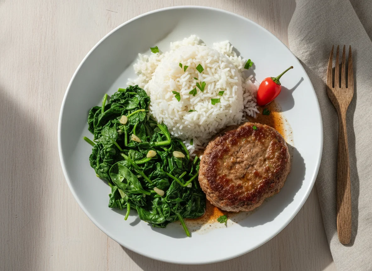 Prato de carne picada com arroz e espinafres photo
