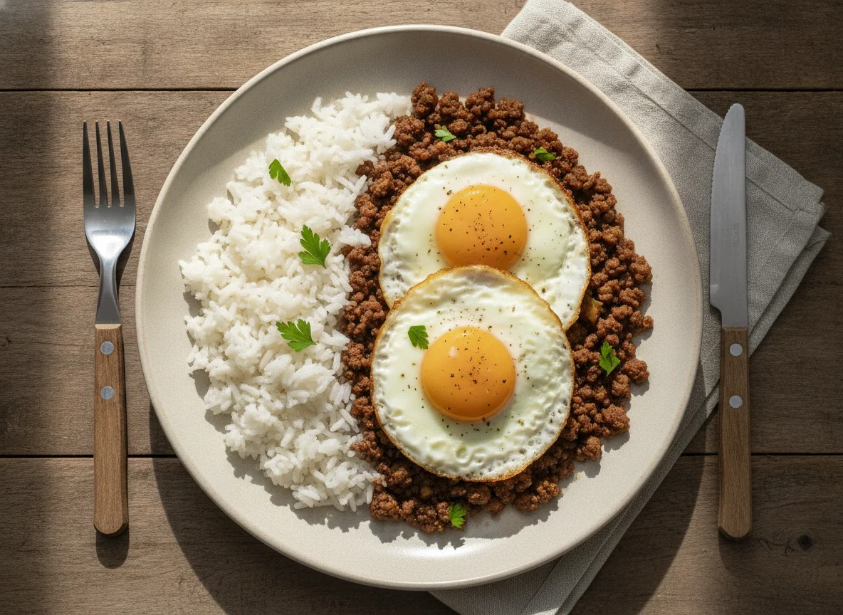 Prato de carne picada com arroz e ovos estrelados photo