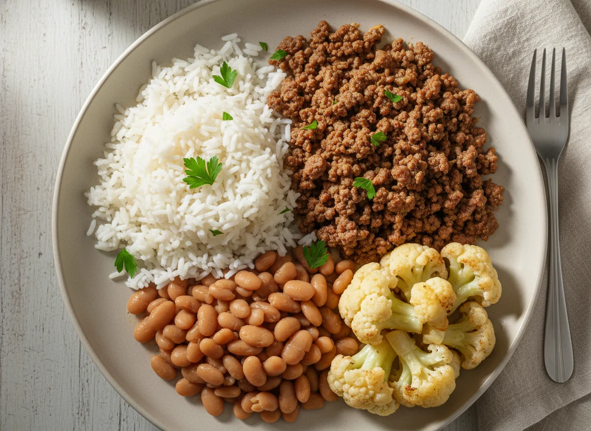 Prato de carne picada com arroz, feijão e couve-flor photo