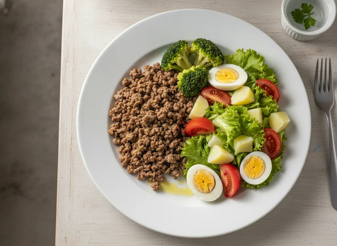 Prato de carne picada com brócolis e salada mista photo