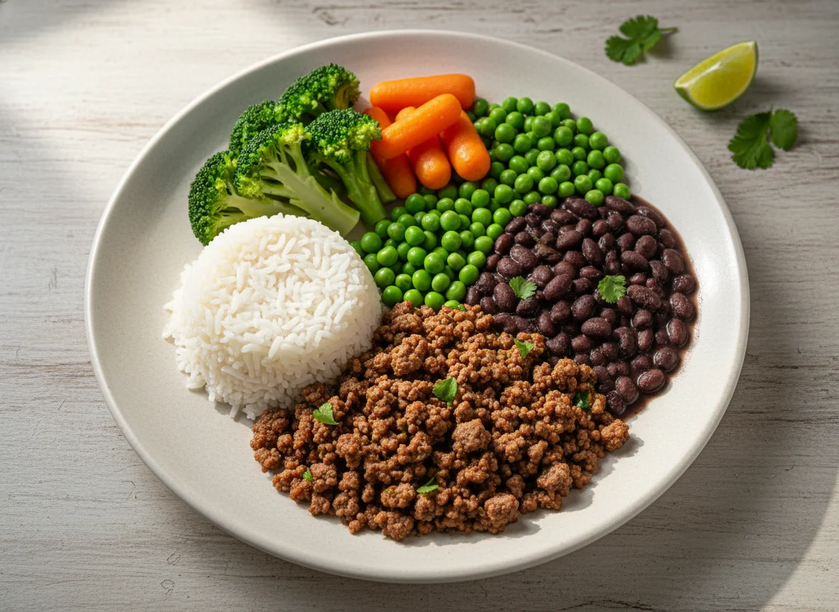 Prato de carne picada com vegetais, arroz e feijão photo
