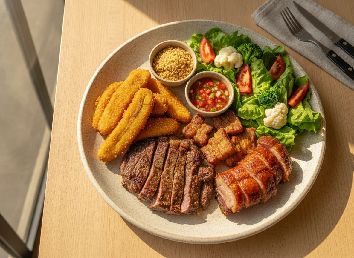 Prato de carnes variadas com salada e acompanhamentos photo