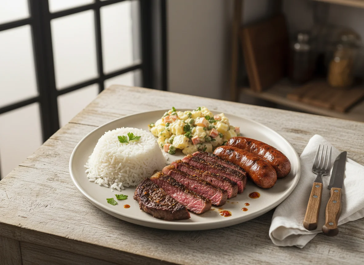 Prato de churrasco com arroz e salada de maionese photo