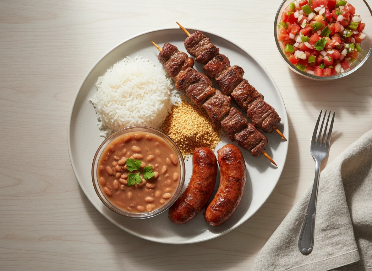 Prato de churrasco com arroz, feijão e vinagrete photo