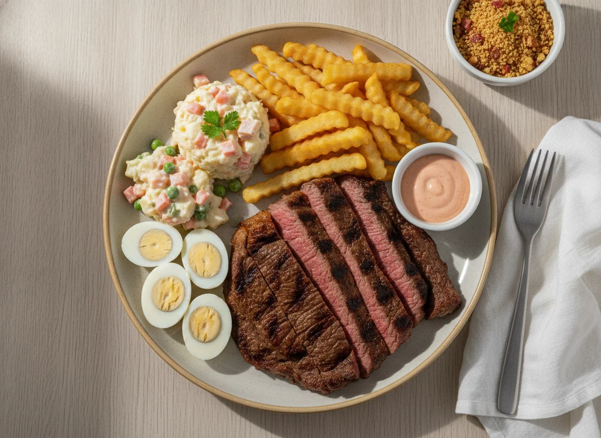 Prato de churrasco com carne, maionese, ovos de codorna e batata frita photo