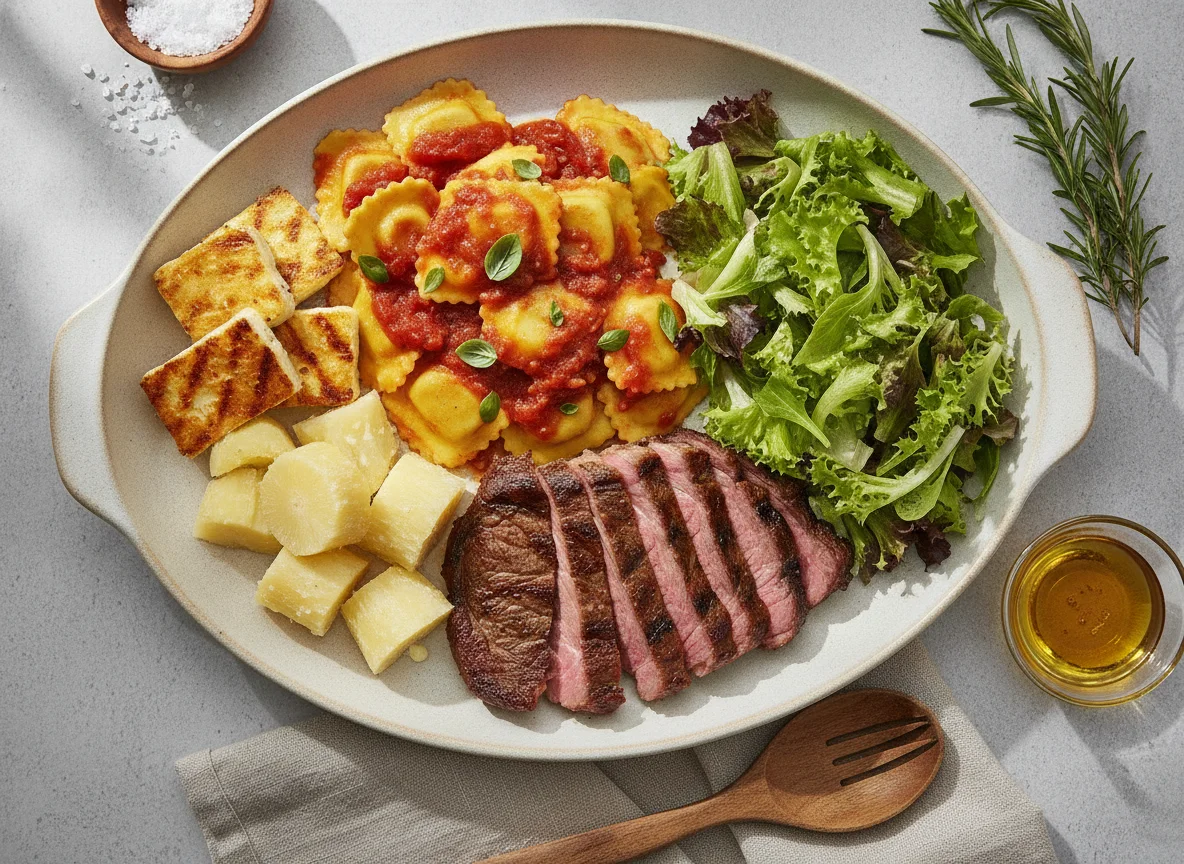 Prato de Churrasco com Ravioli e Acompanhamentos photo
