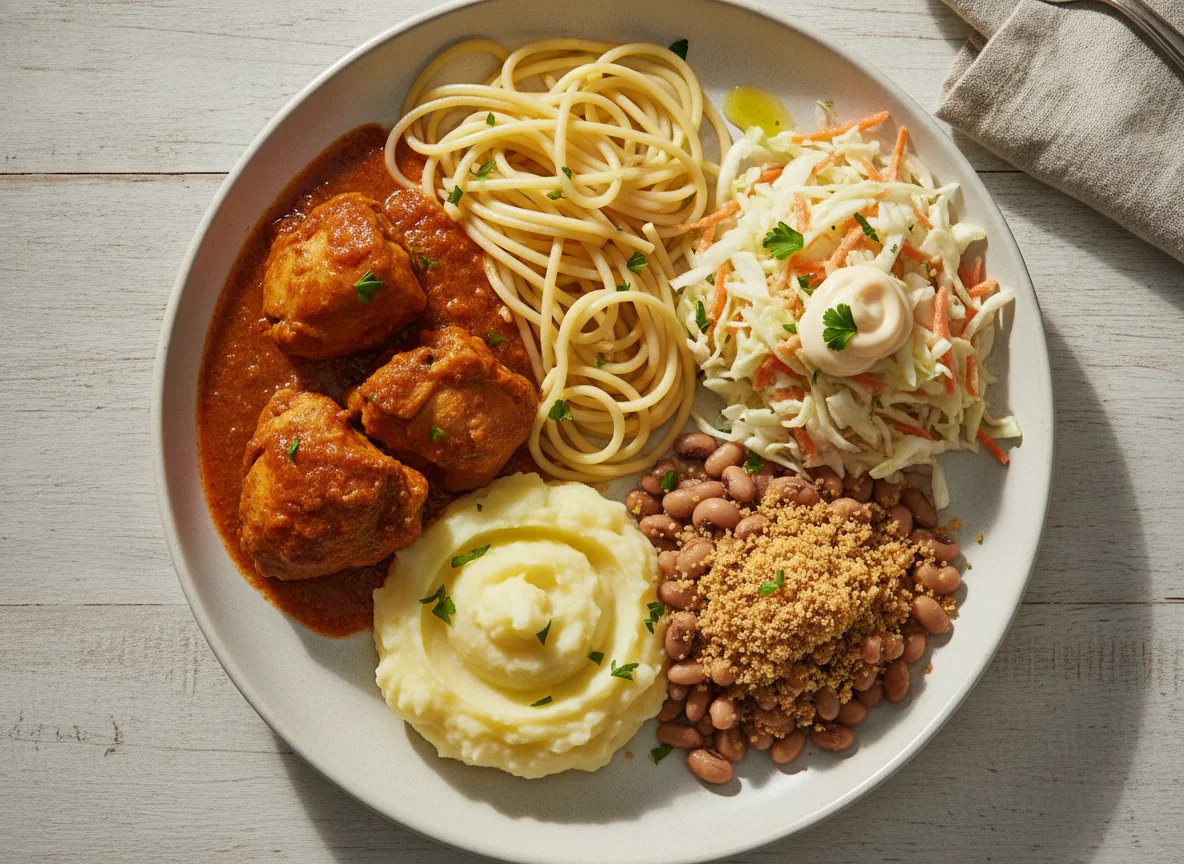 Prato de comida caseira com frango, espaguete, purê e salada photo