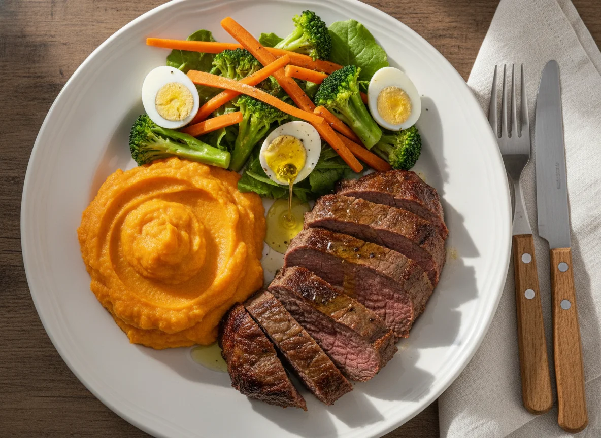 Prato de comida caseira com purê, carne e salada photo