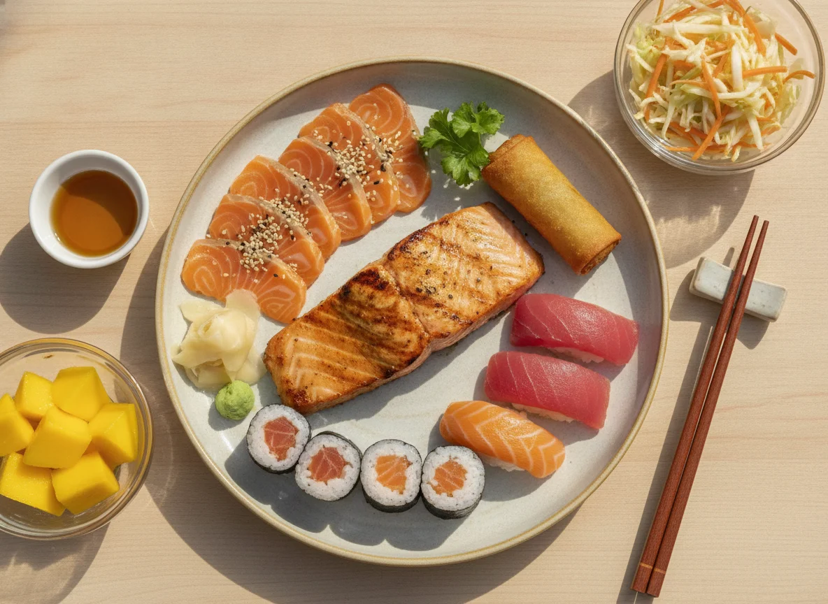 Prato de Comida Japonesa e Peixe Grelhado photo