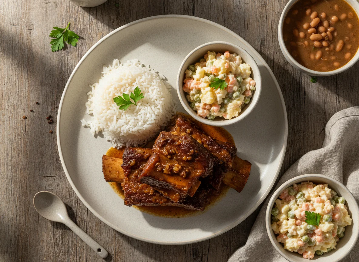 Prato de Costela com Arroz, Feijão e Salada de Maionese photo