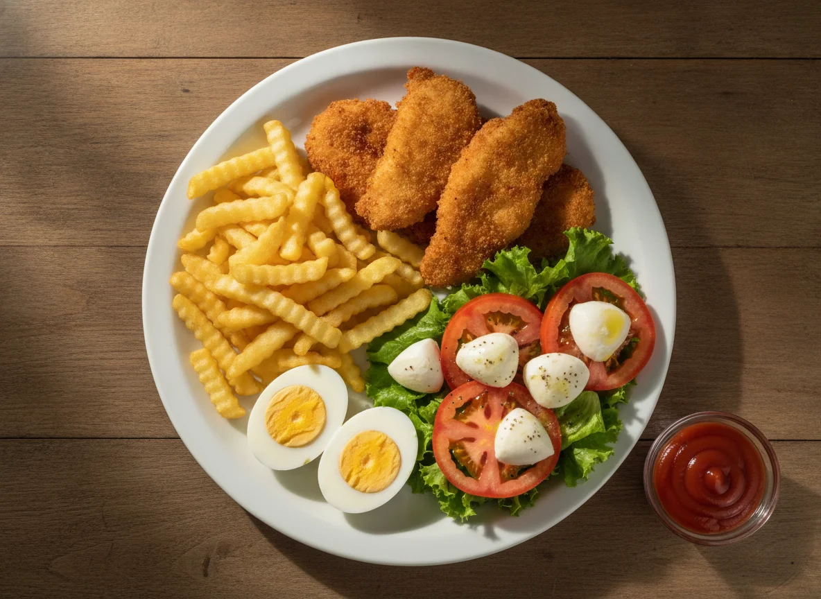 Prato de empanado de frango com batatas fritas, ovos e salada photo