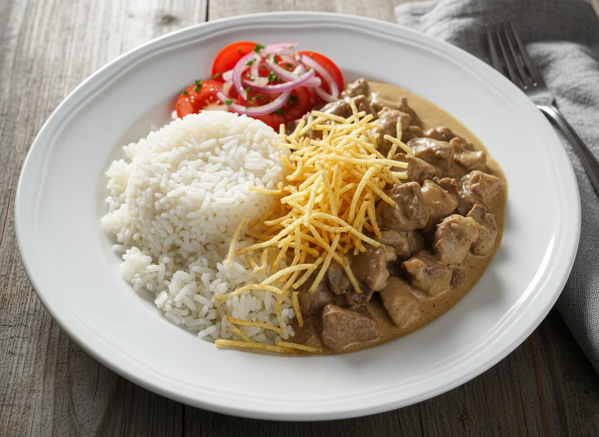 Prato de Estrogonofe com Arroz e Salada photo