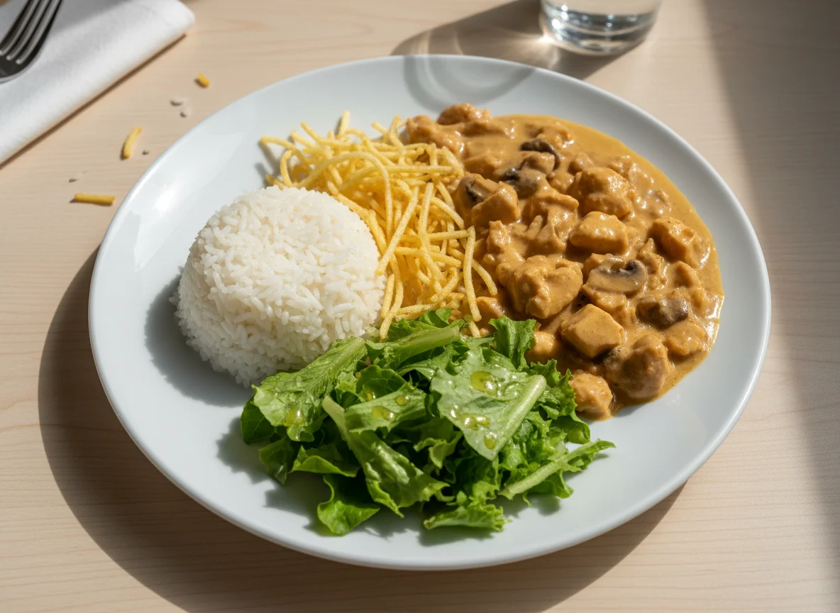 Prato de estrogonofe de frango com arroz, batata palha e salada photo