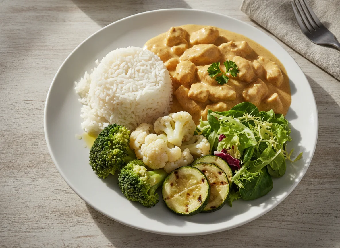 Prato de Estrogonofe de Frango com Arroz e Vegetais photo