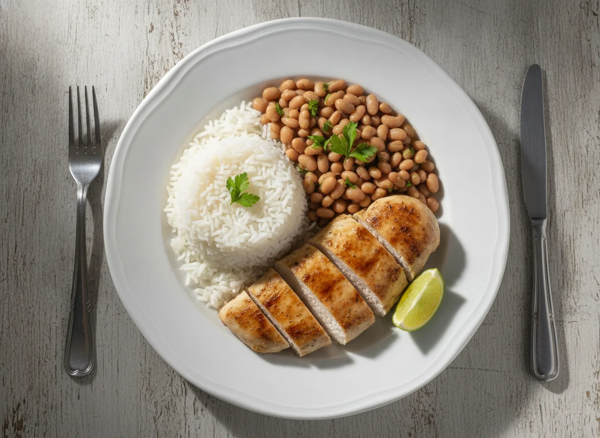 Prato de feijão, arroz e frango photo
