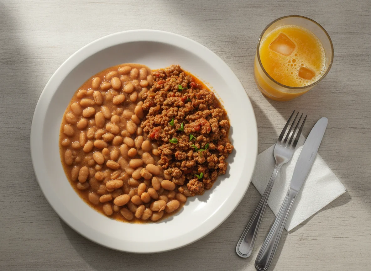 Prato de feijão, carne moída e suco de laranja photo