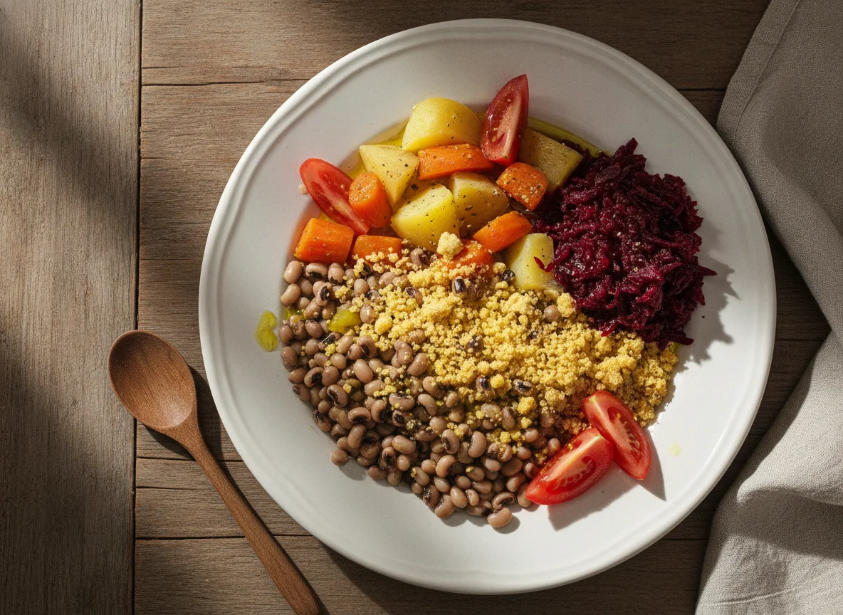 Prato de feijão fradinho com legumes e beterraba photo