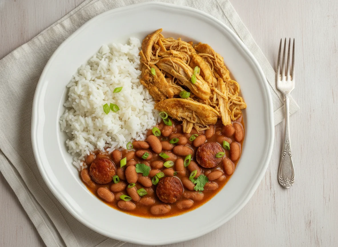 Prato de feijão, frango desfiado e arroz photo