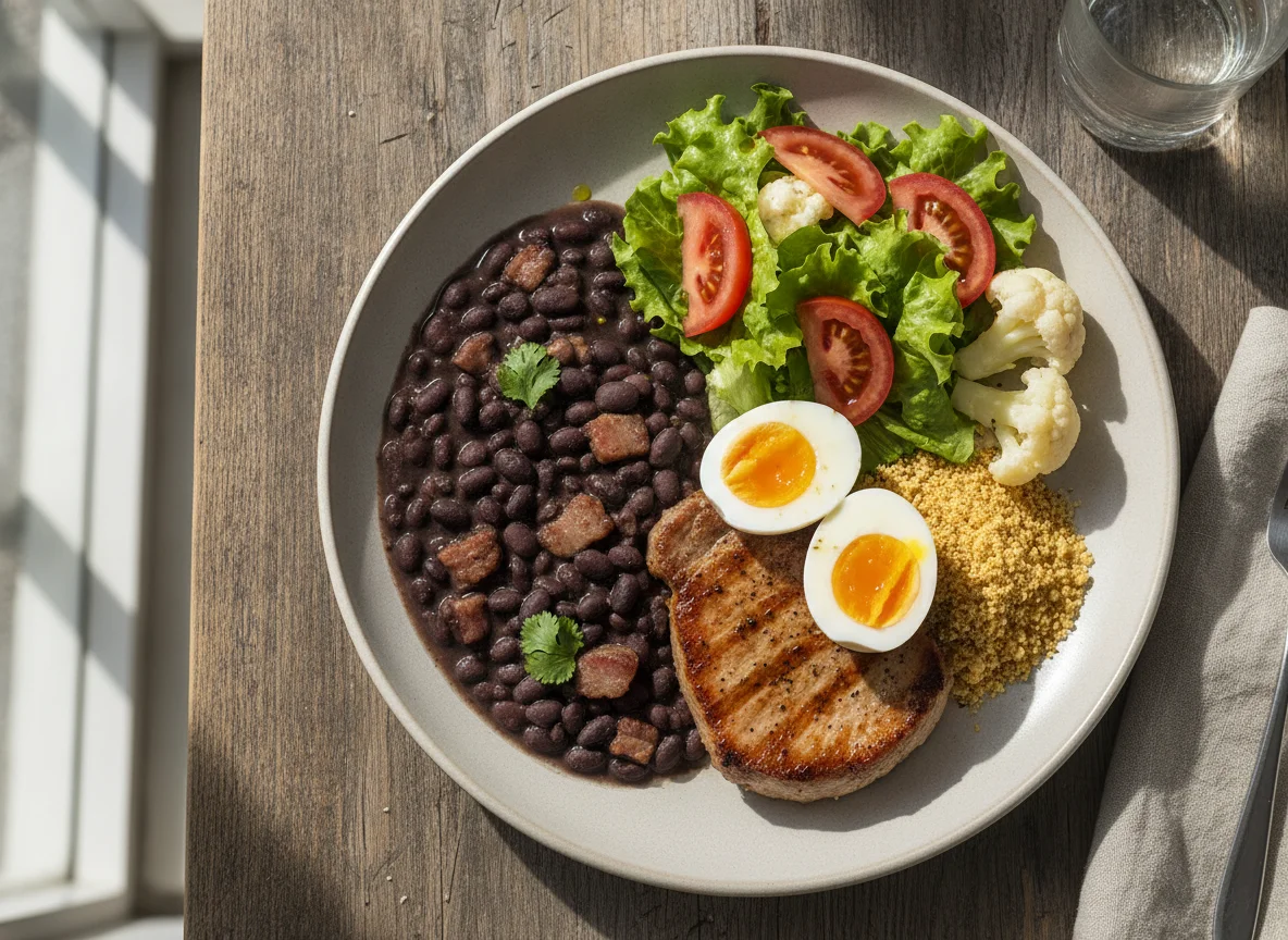 Prato de Feijão Preto com Carne, Ovo e Salada photo