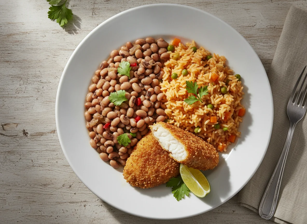 Prato de feijão-frade, arroz e panado de peixe photo