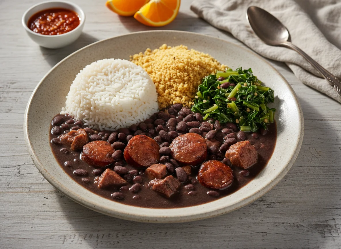 Prato de feijoada com acompanhamentos photo