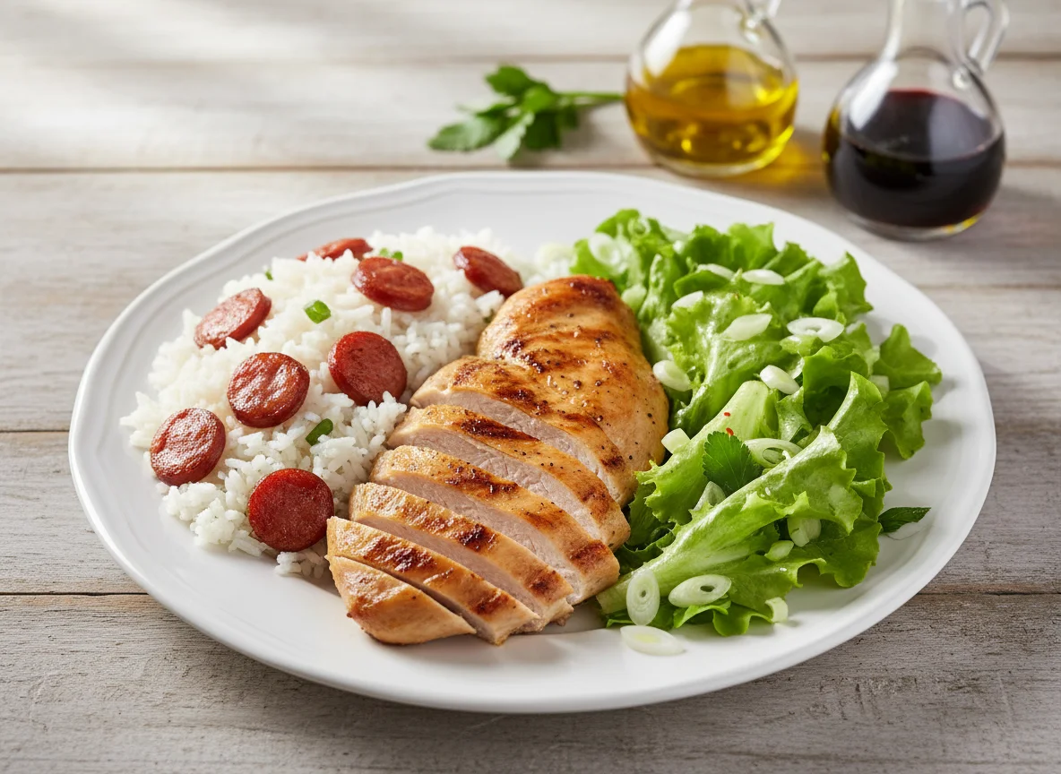 Prato de frango, arroz com linguiça e salada photo