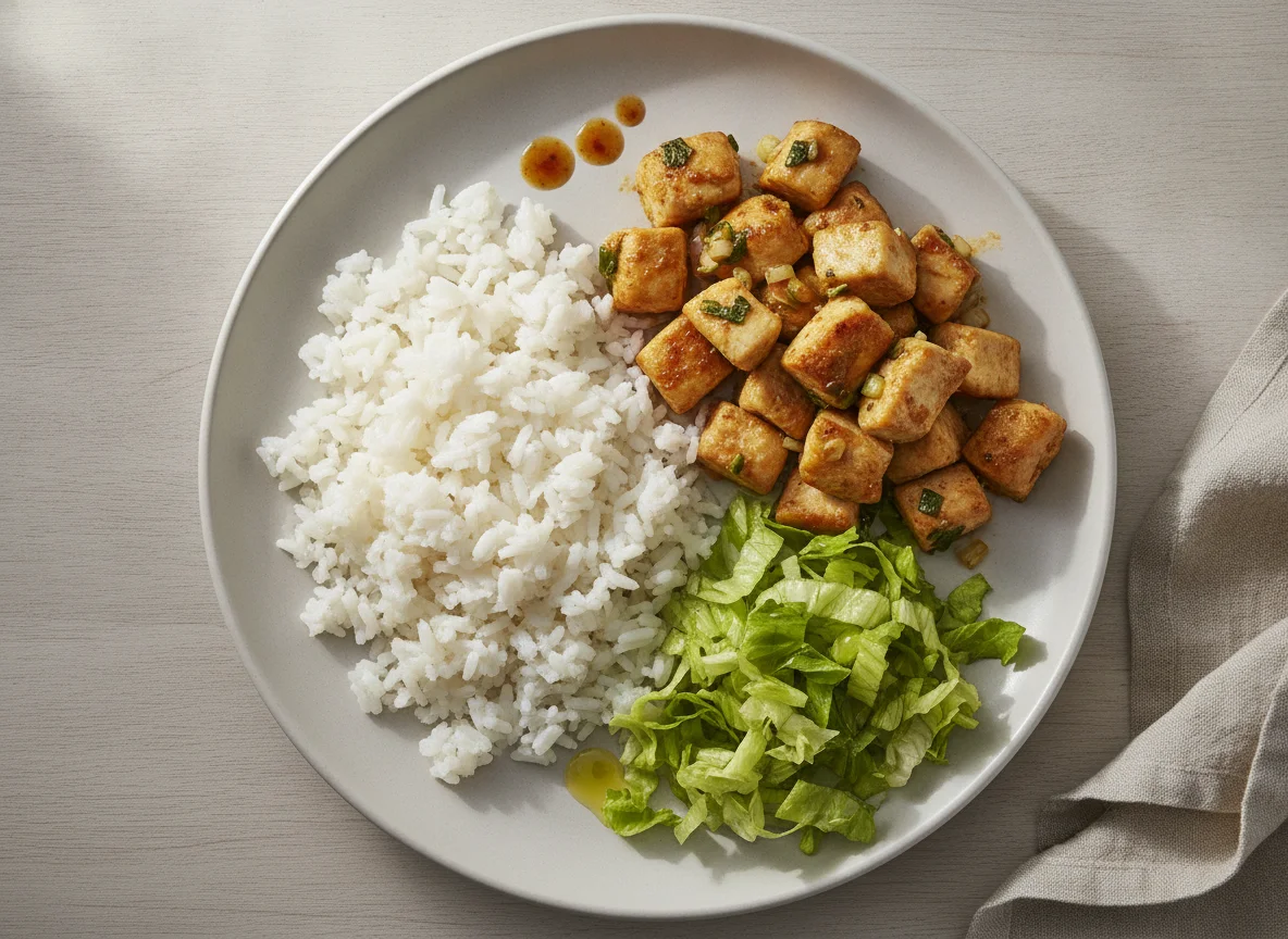 Prato de frango, arroz e alface photo