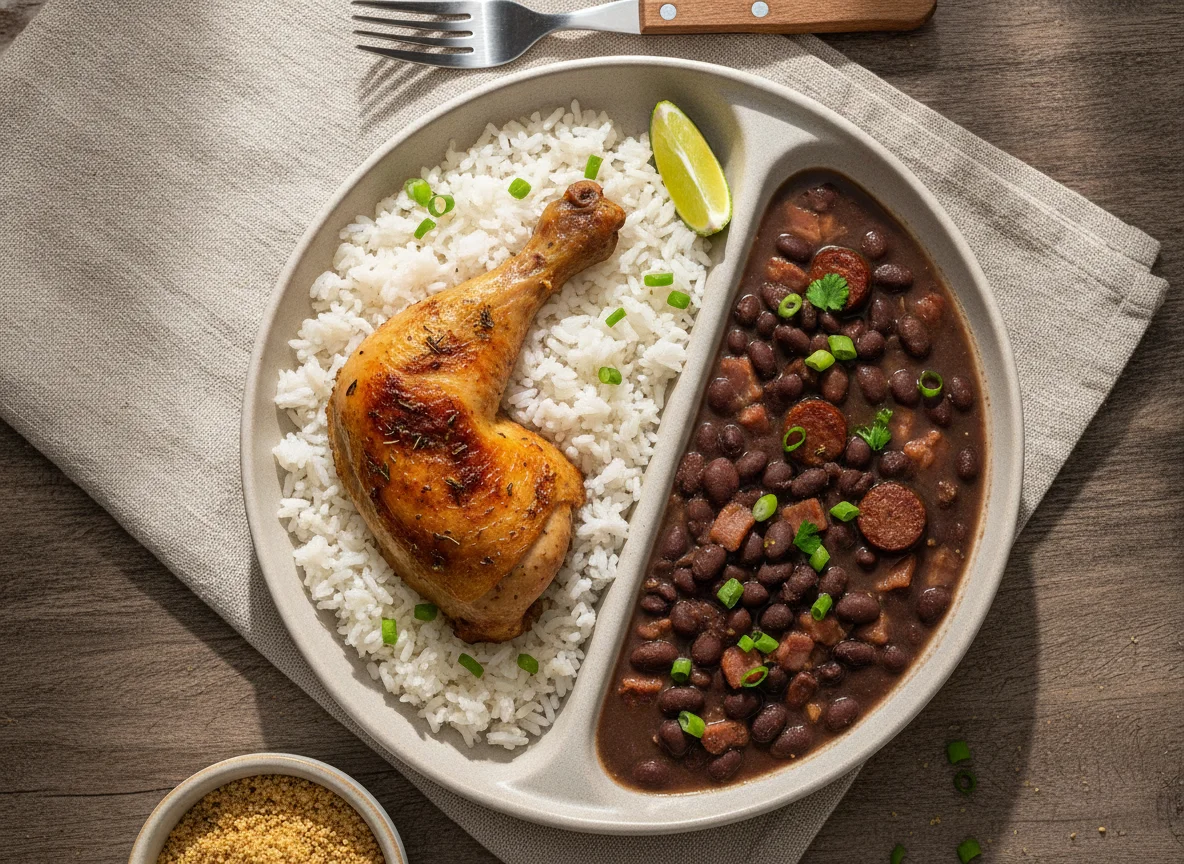 Prato de frango, arroz e feijão photo