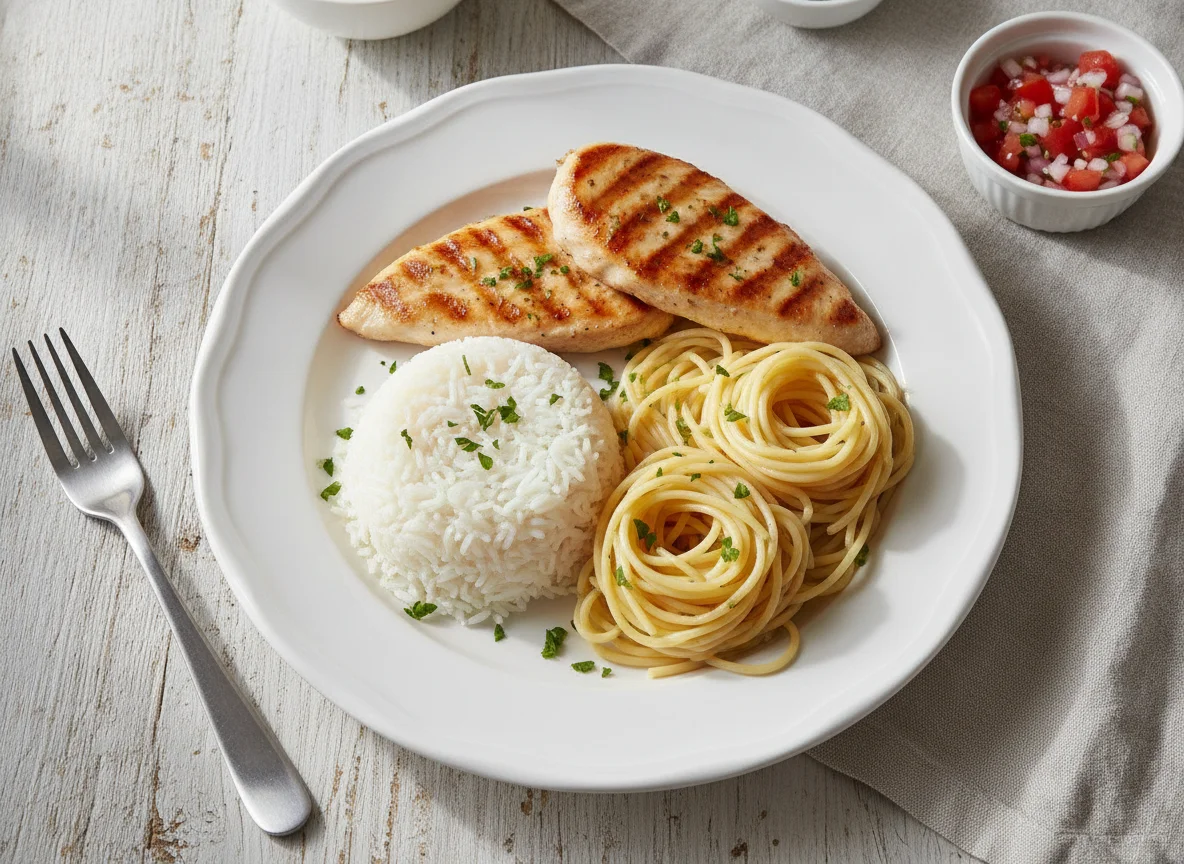 Prato de frango, arroz e macarrão photo