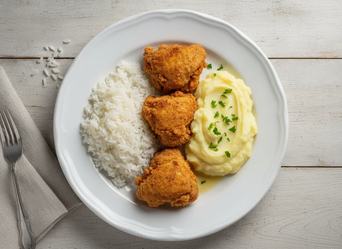 Prato de frango, arroz e purê de batata photo