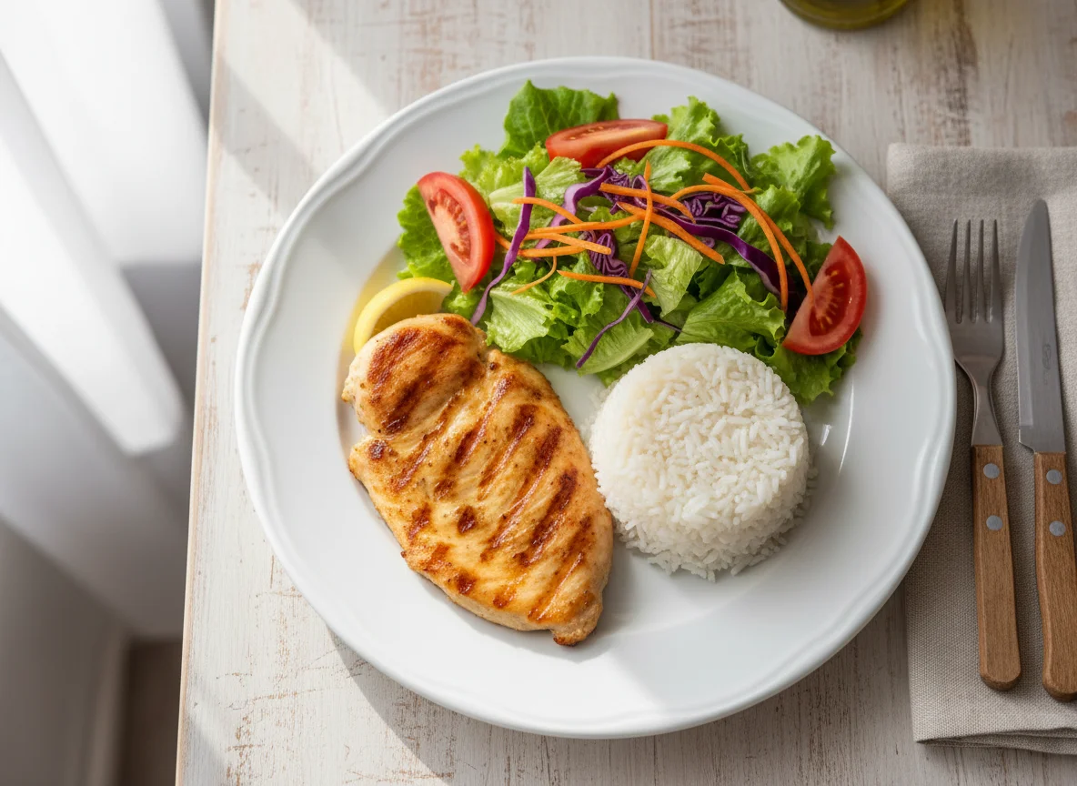 Prato de frango, arroz e salada photo