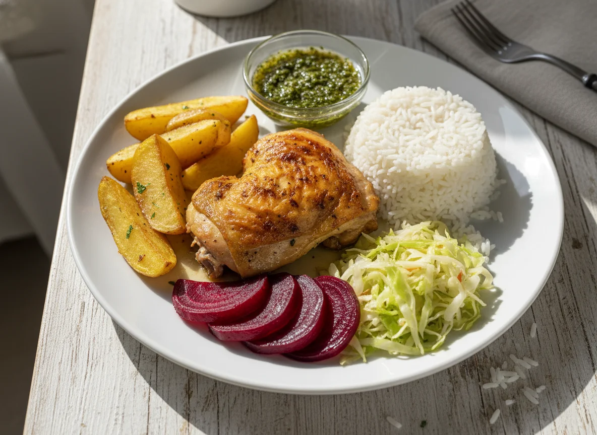 Prato de frango assado com acompanhamentos photo