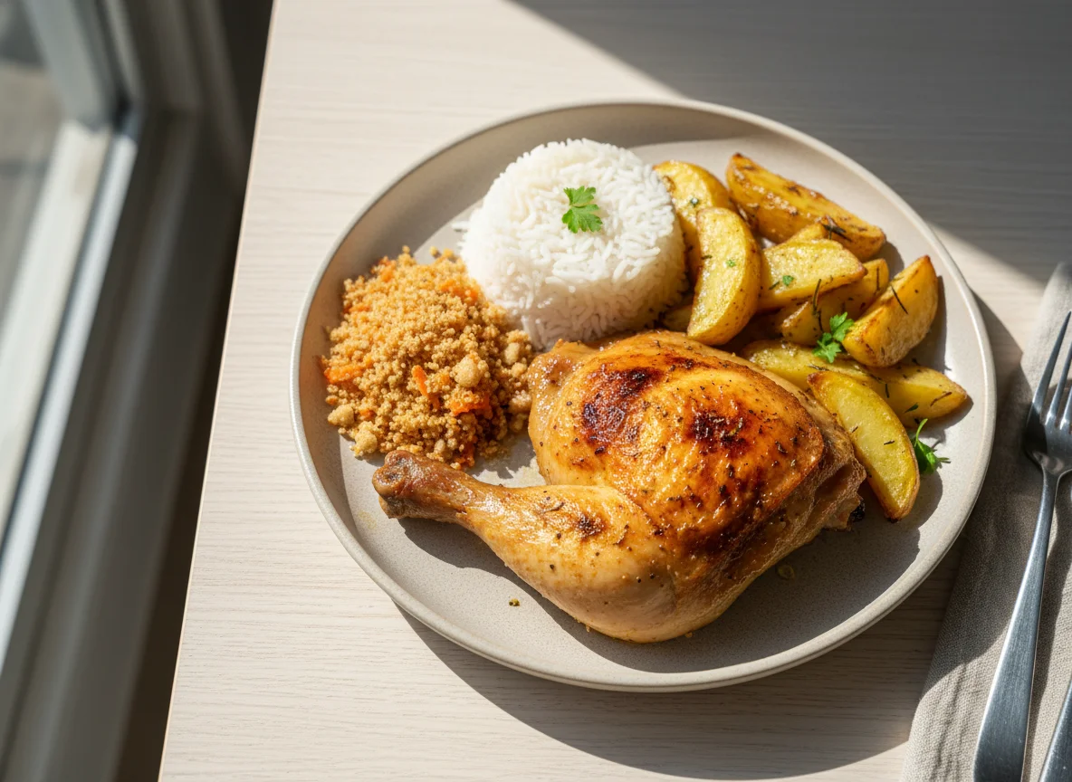 Prato de frango assado com arroz, batatas e farofa photo