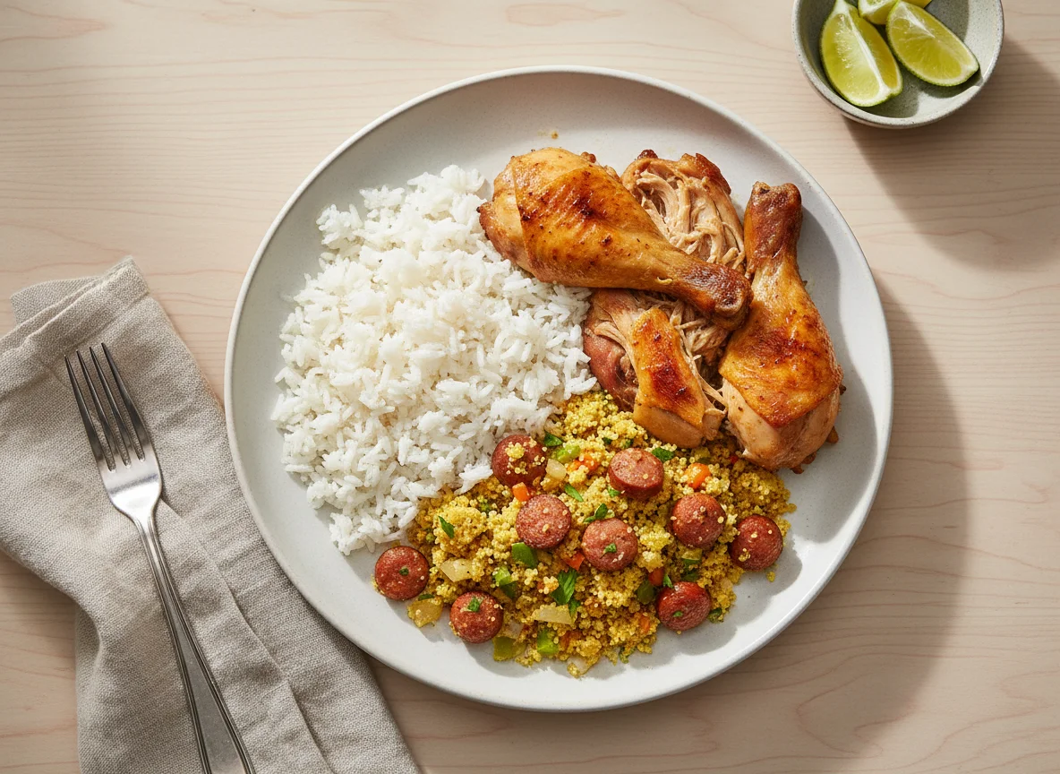 Prato de frango assado com arroz e farofa photo